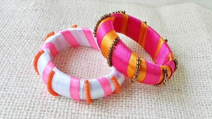 Ribbon And Bead Wrapped Bangles