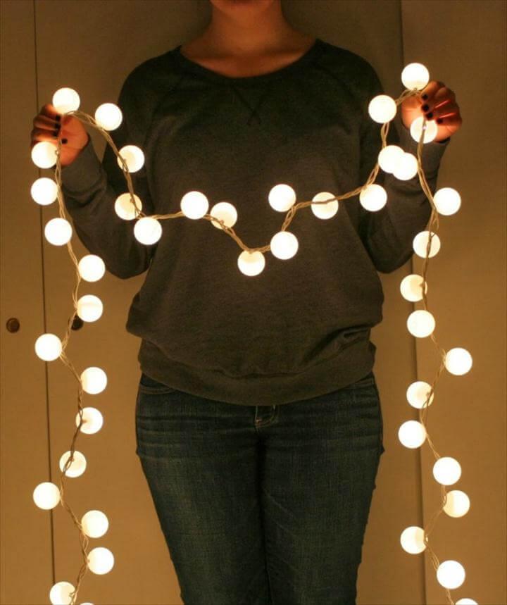 DIY string lights made with ping pong balls