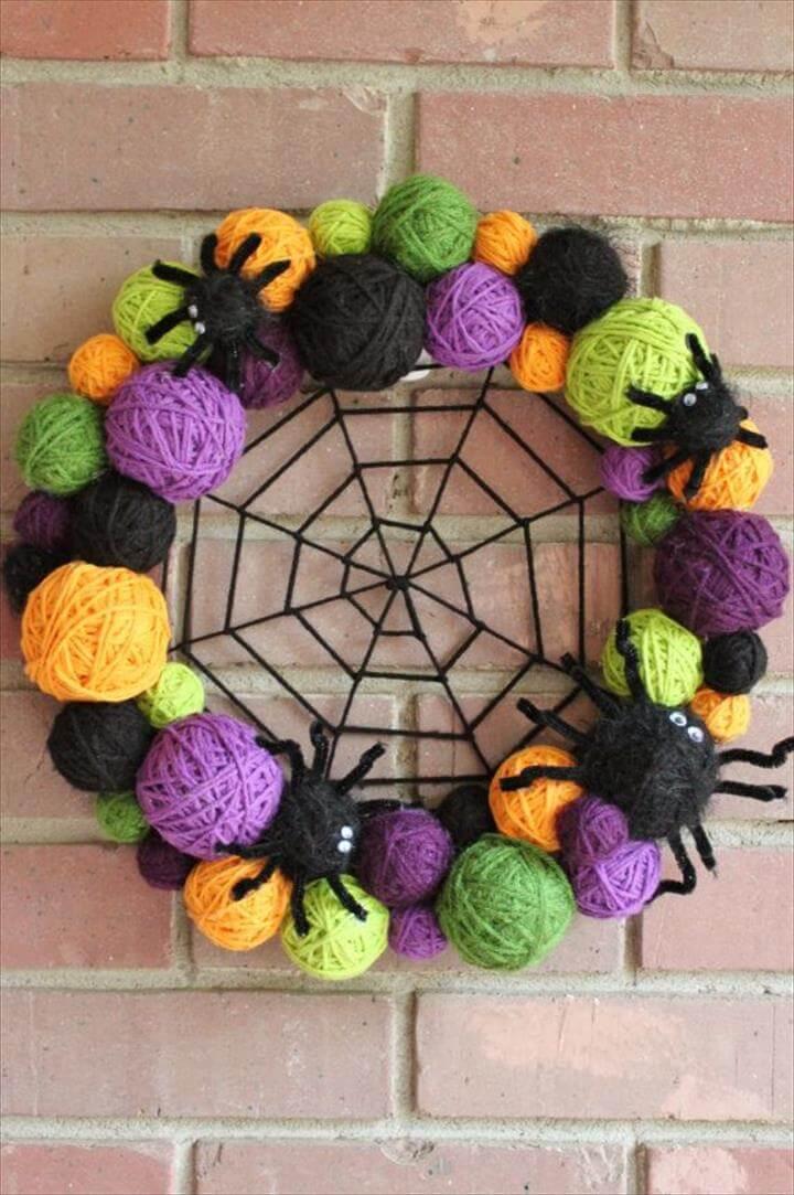 Halloween Wreath Yarn Ball Wreath 14 inches in by whimsysworkshop · Diy WreathWreath IdeasPom ...
