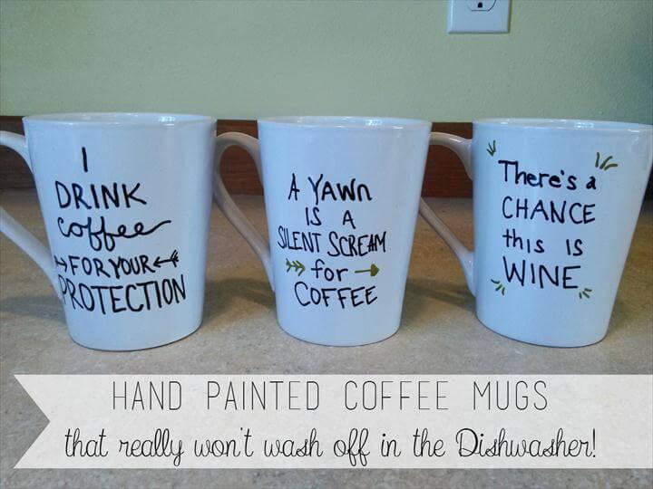 three coffee mugs, Hand painted quote mugs