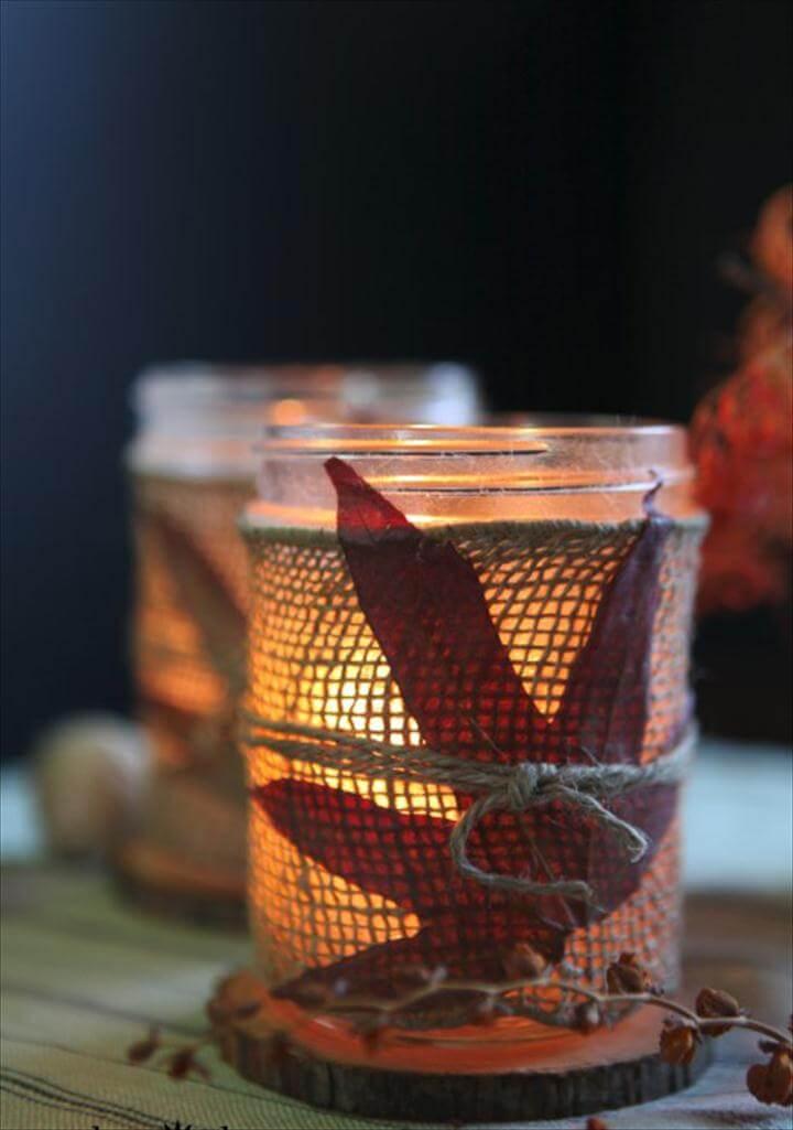 DIY burlap leaf mason jar candles