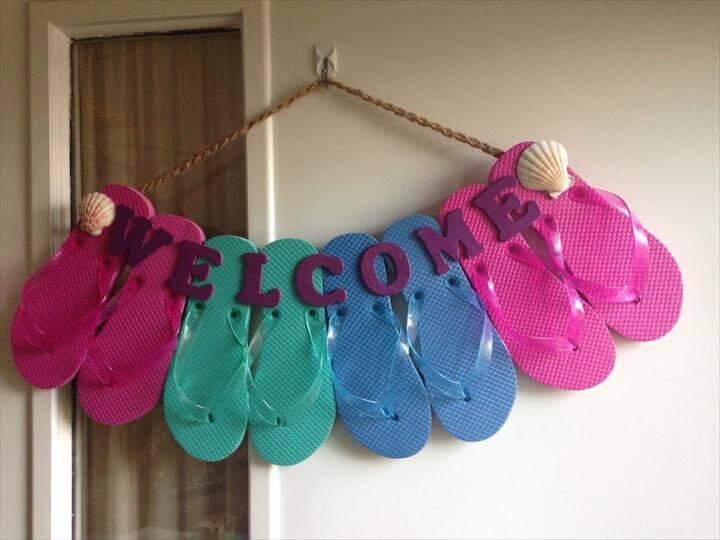 Made from flip flops, wooden letters from Hobby Lobby, and a hot glue gun