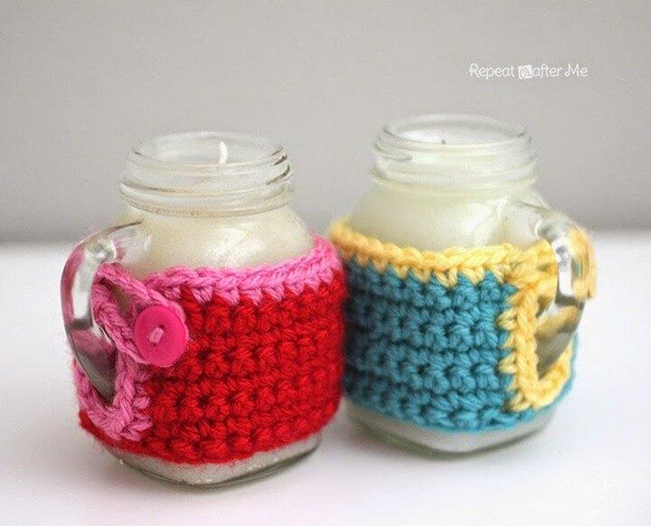 Mason Jar Mug Crisco Candles with Crochet Cozy