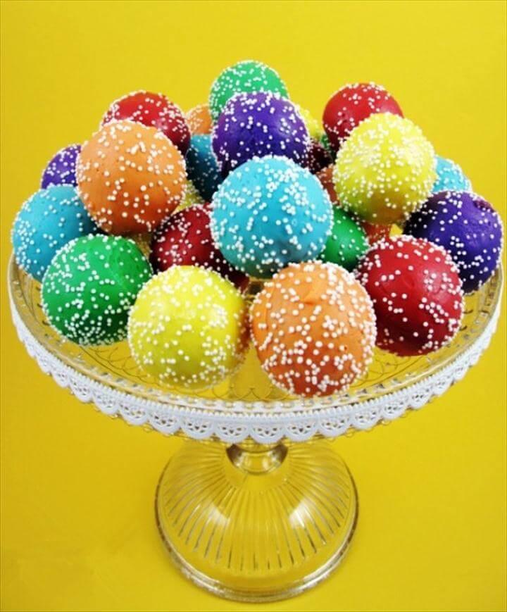 White Non-pareils Rainbow Cake Pops, Colorful Party Dessert Plate, Rainbow Party Ideas
