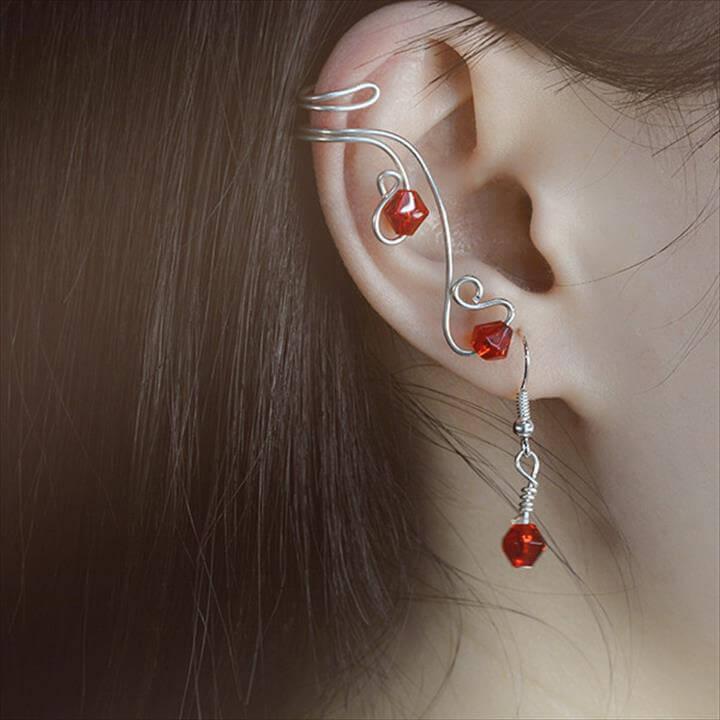 DIY Wire Wrapped Earring and Ear Cuff with Red Glass Beads