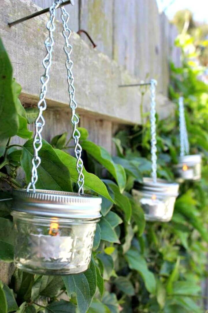 Hanging mason jar, garden mason jar, chain mason jar idea, lantern mason jar idea