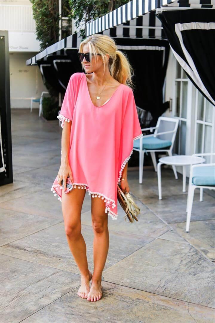 Pink Pom Pom Trim Kaftan swim cover up tutorial.