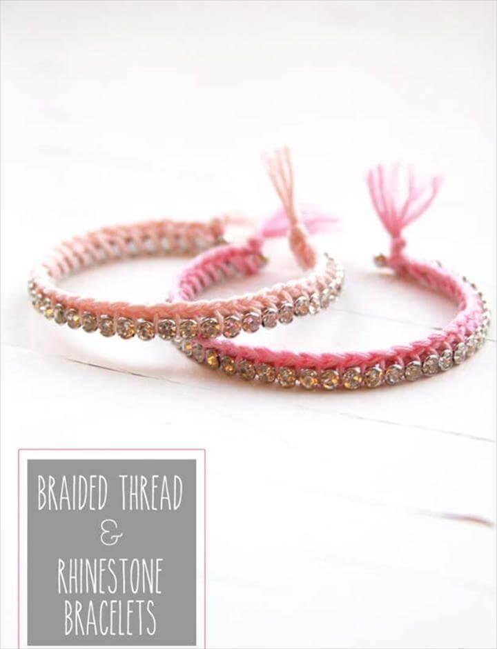 DIY Bracelets - DIY Braided Thread & Rhinestone Bracelet - Cool Jewelry Making Tutorials for Making