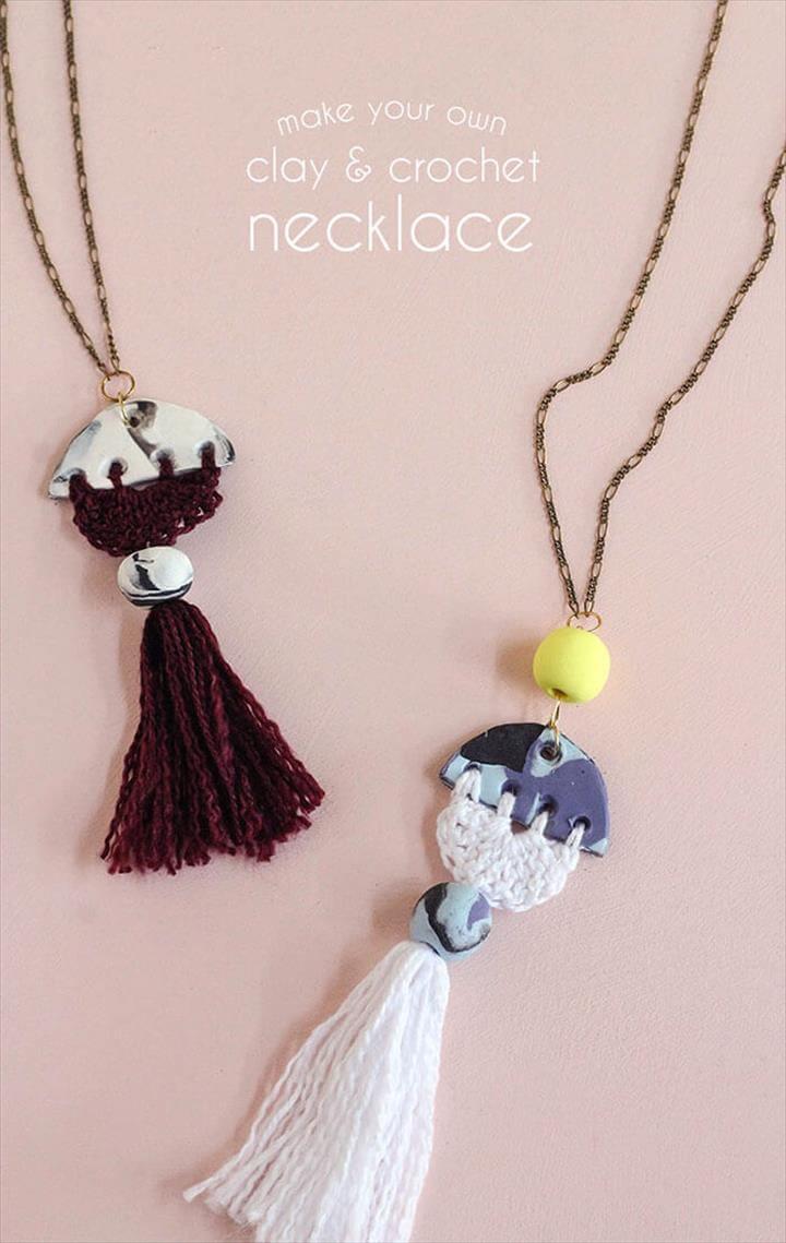 make your own modern tassel DIY necklace using clay and crochet - love the idea of