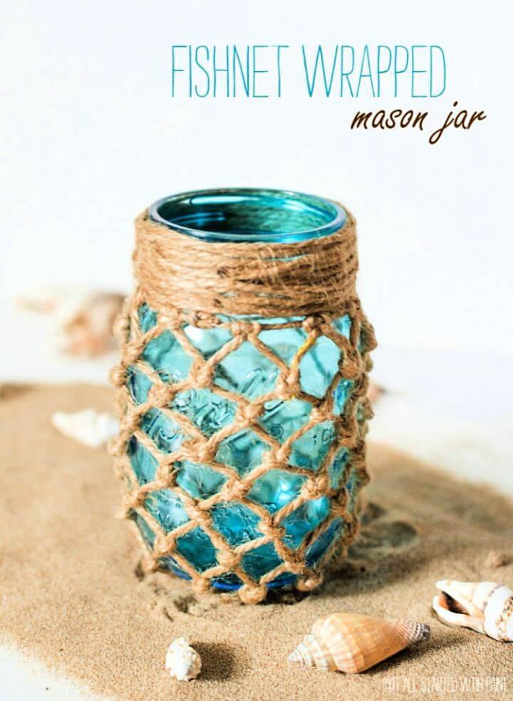 fishnet wrapped jar, how to make, storage mason jar, 