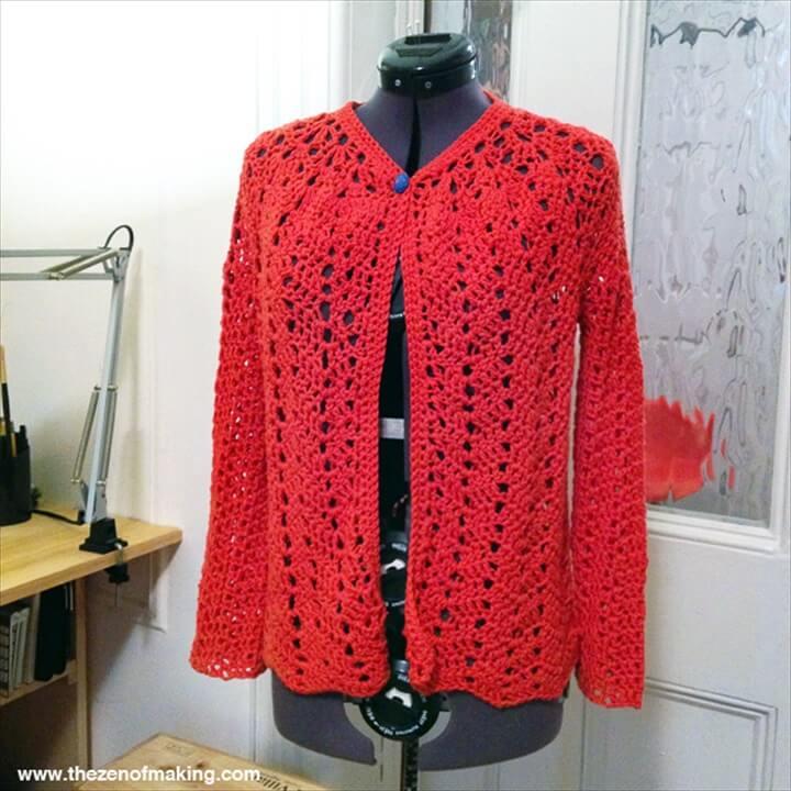 red lace cardigan, red sweater, diy crafts, projects, chevron lace