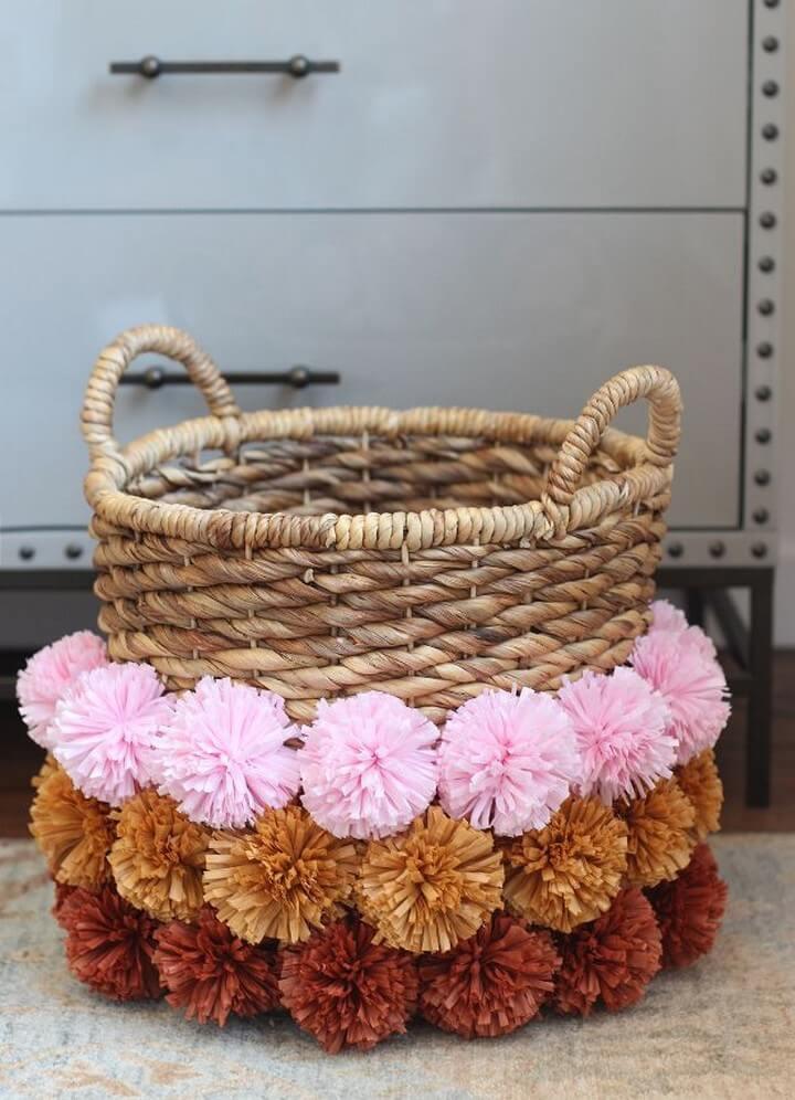 pom pom basket, ideas, diy basket, basket for bedroom, bedroom decor, tutorial