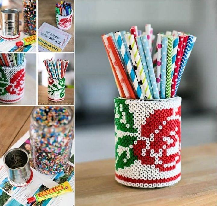 A Creative Beaded Tin Can Holder