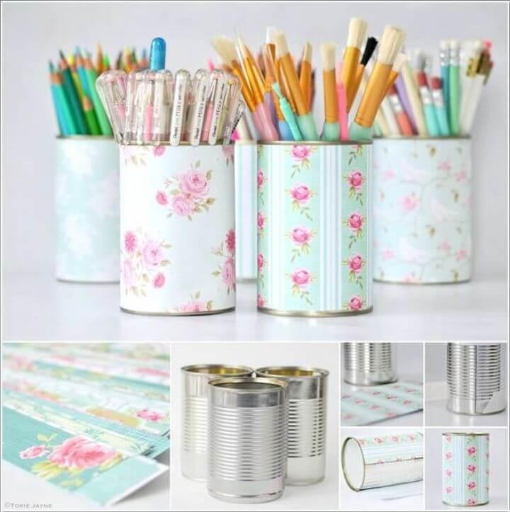 Beauteous Printed Paper Wrapped Tin Can Pen Pots