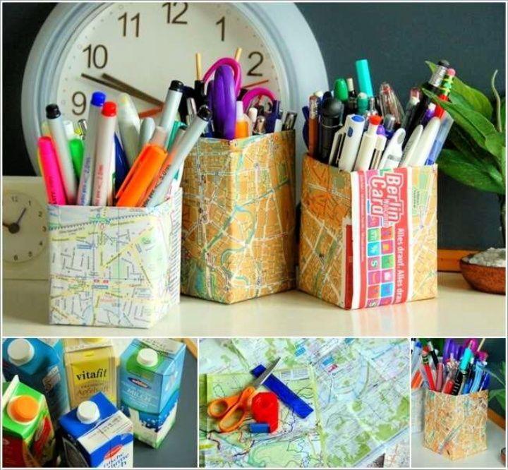 DIY Cute Map Covered Empty Drink Carton Pencil Holders