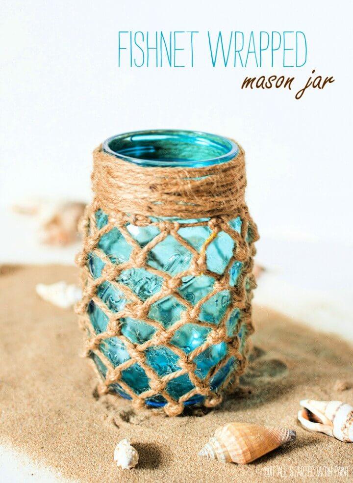 DIY Fishnet Wrapped Mason Jar