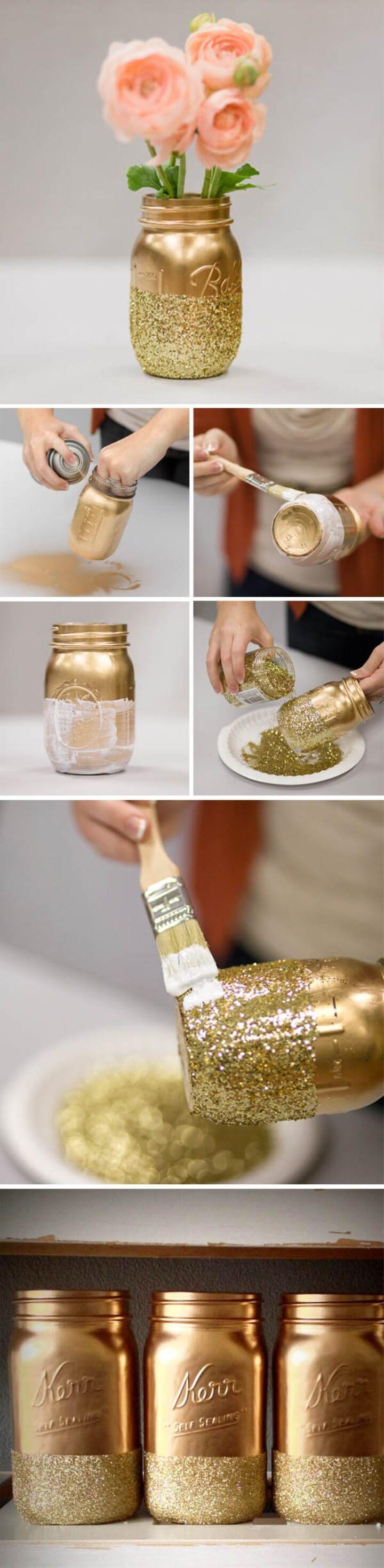 DIY Glitter Gold Mason Jar Vase For Weddings