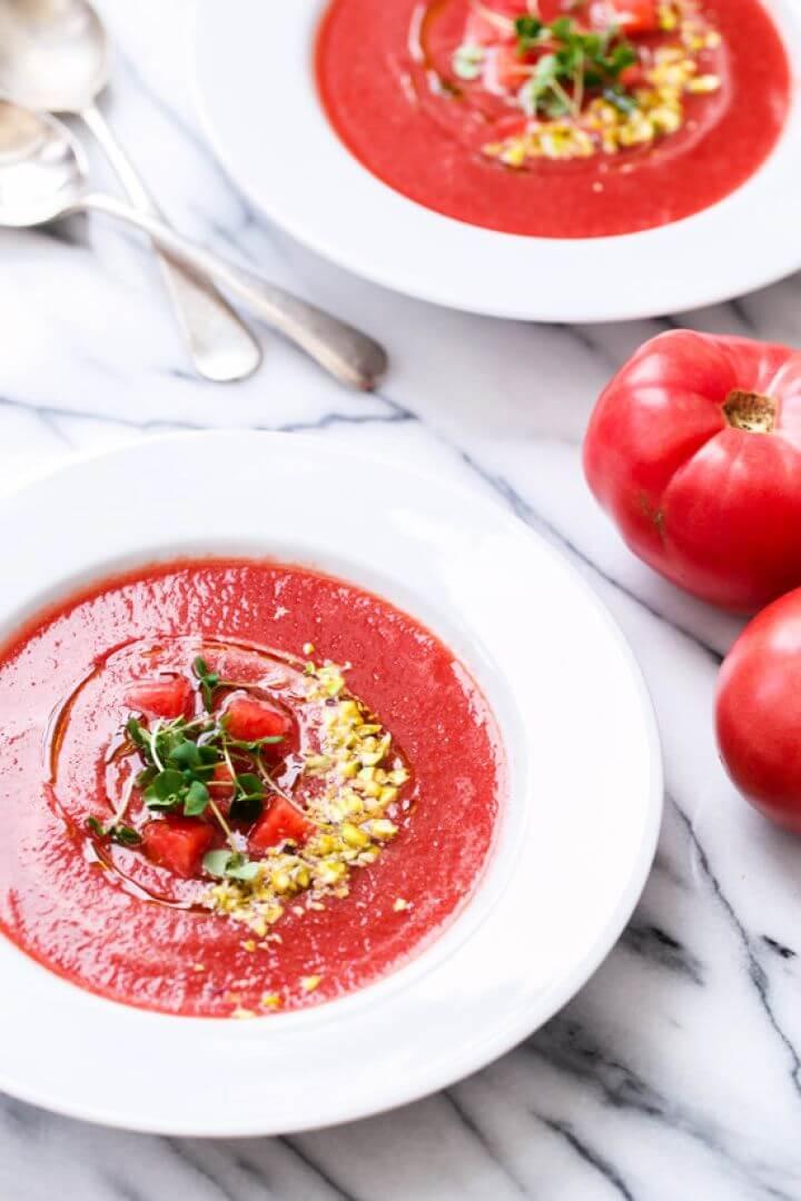 Tomato Watermelon Gazpacho With Pistachios And Basil Oil