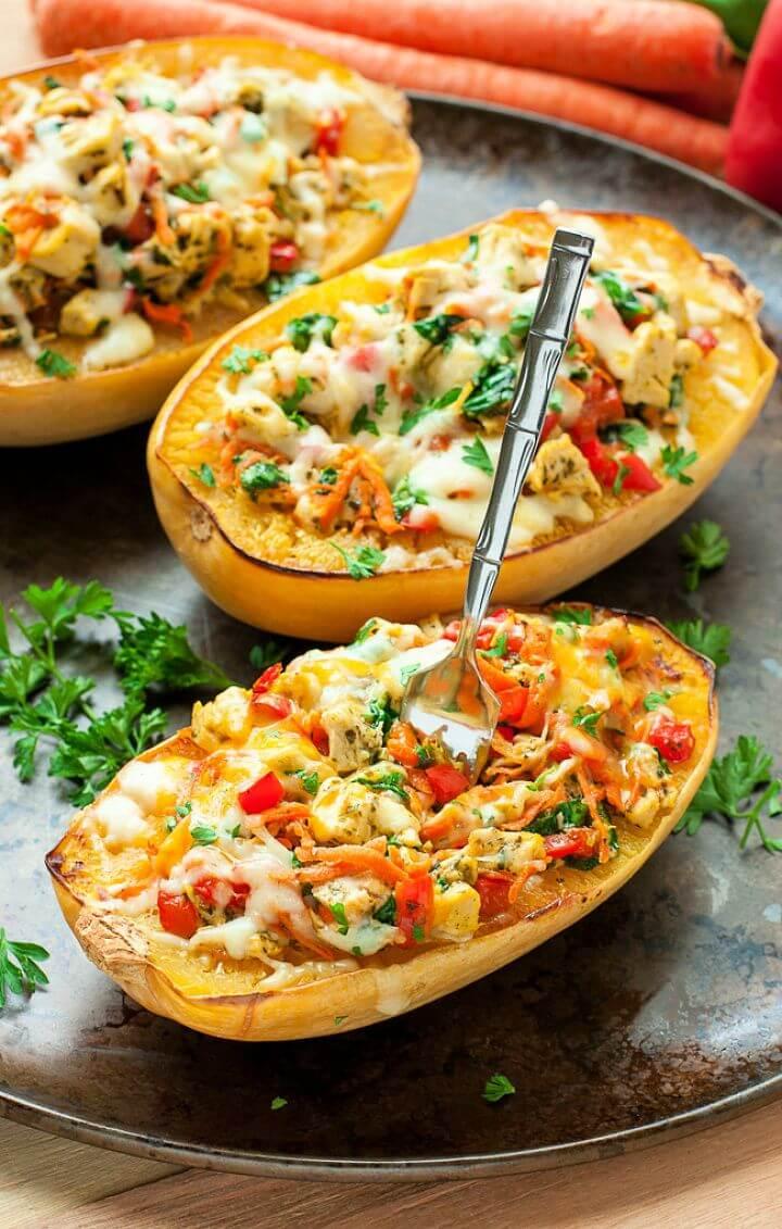 Cheesy Pesto Chicken And Veggie Stuffed Spaghetti Squash