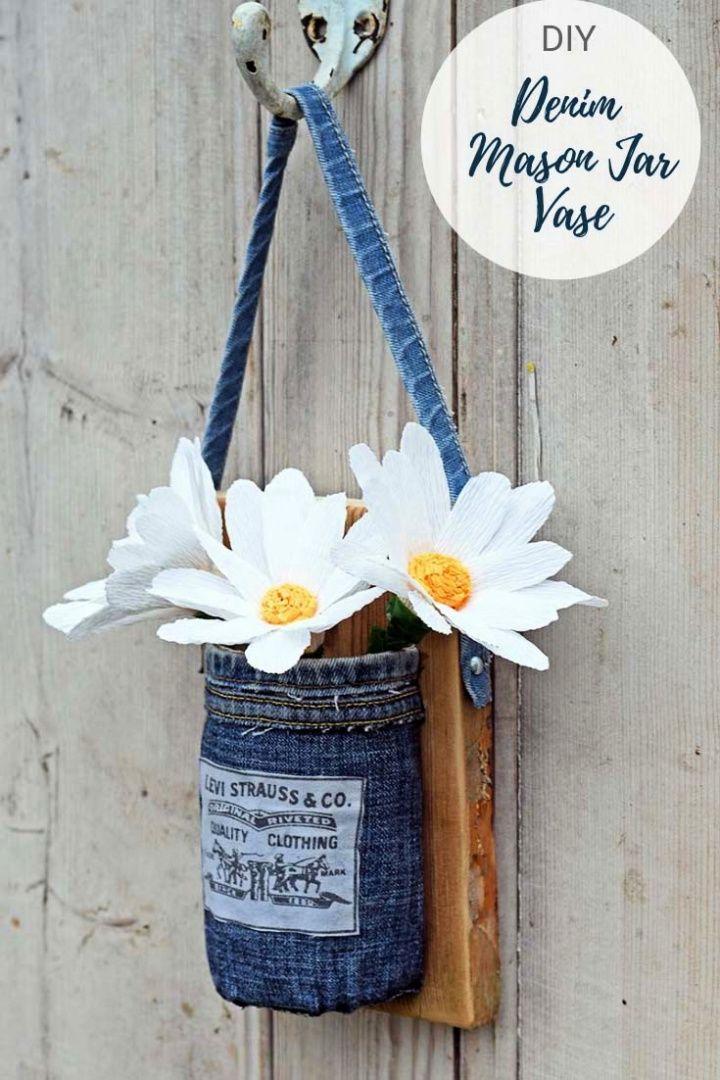 DIY Upcycled Jeans Mason Jar Wall Vase