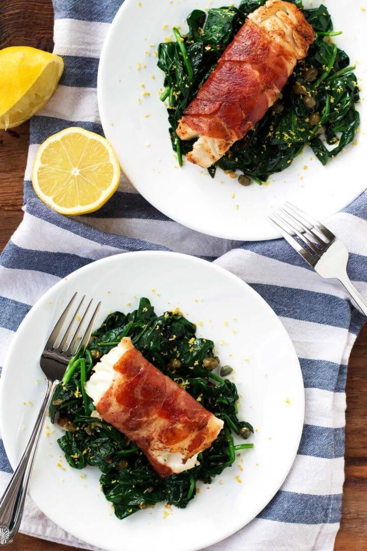 Prosciutto Wrapped Cod With Lemon Caper Spinach