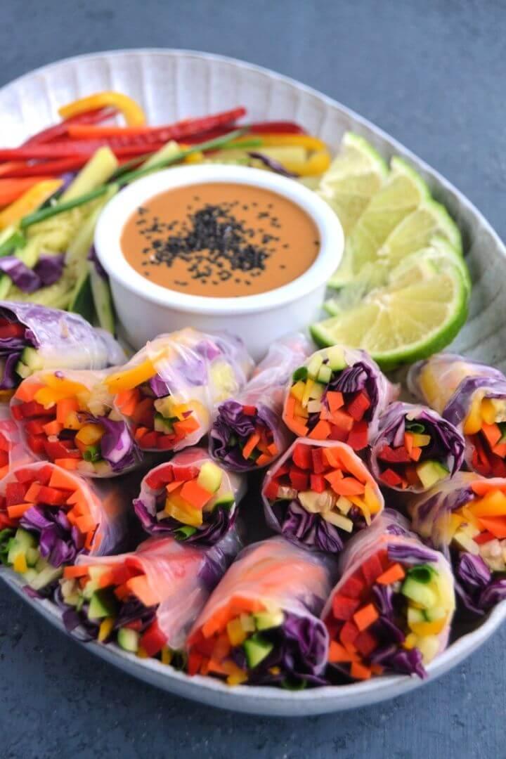 Rainbow Veggie Spring Rolls With Peanut Dipping Sauce