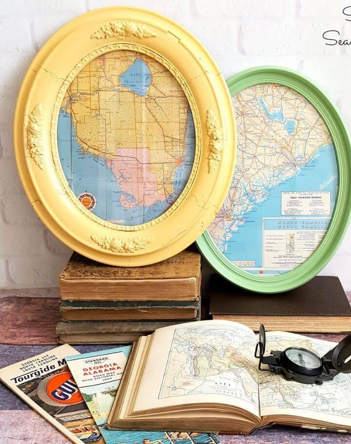 Map Wall Art with Oval Picture Frames and Antique Maps