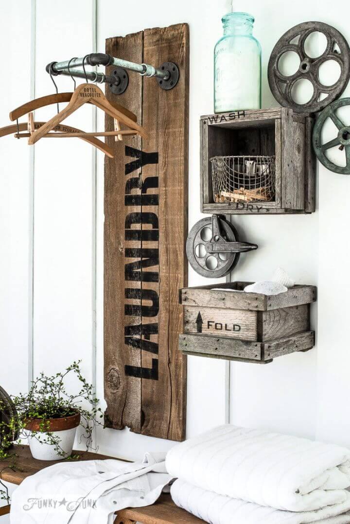 Reclaimed Wood And Pipe Laundry Sign Hanging Station
