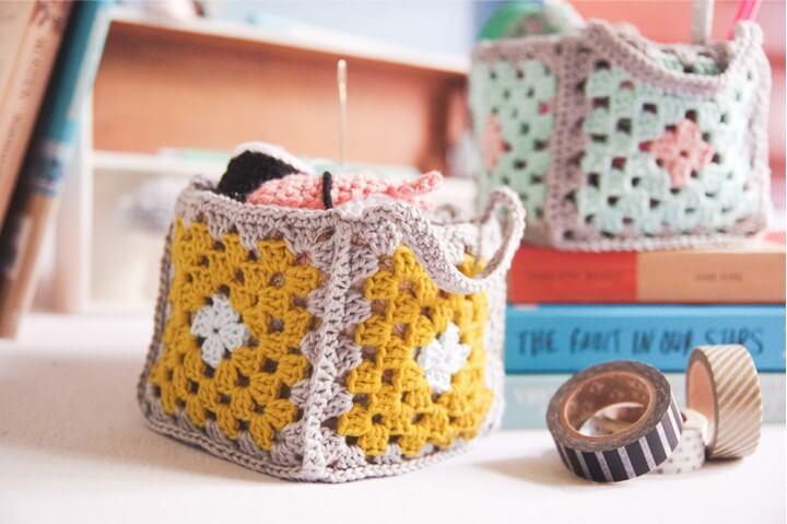 DIY Mini Granny Square Crochet Baskets