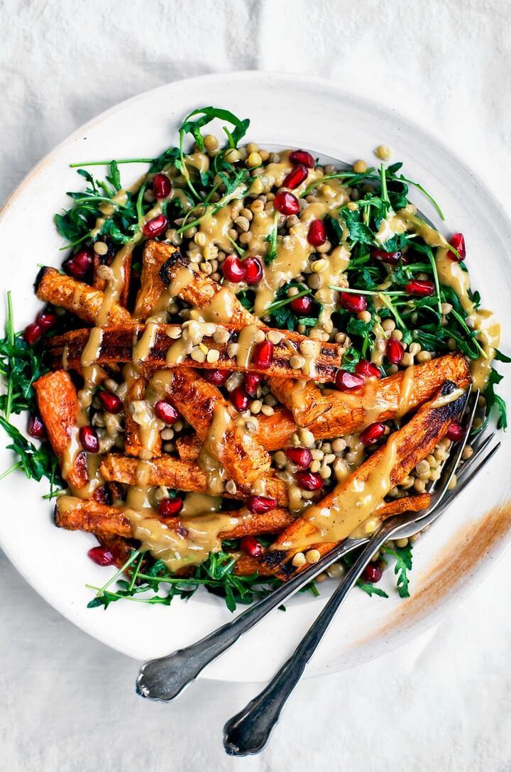 Spicy Roasted Carrots with Tahini Lentil Salad