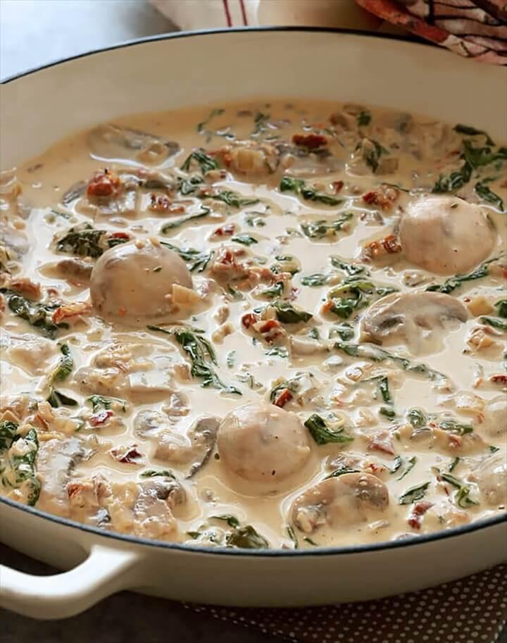 Creamy Tuscan Mushroom Sauce with Sun Dried Tomatoes and Spinach
