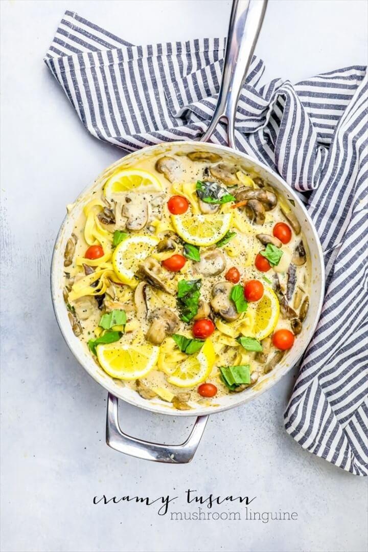 One Pot Creamy Tuscan Mushroom Linguine Recipe