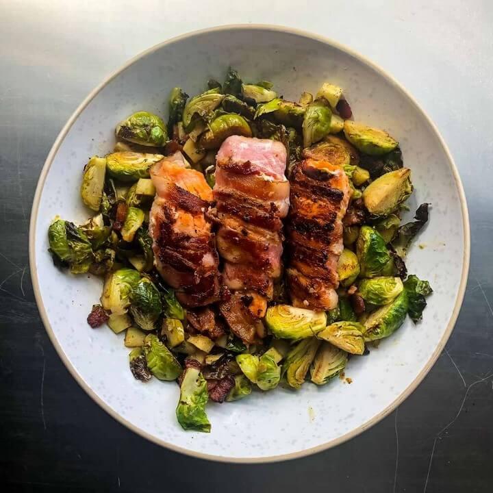 Bacon Wrapped Salmon Roasted Brussels Sprouts