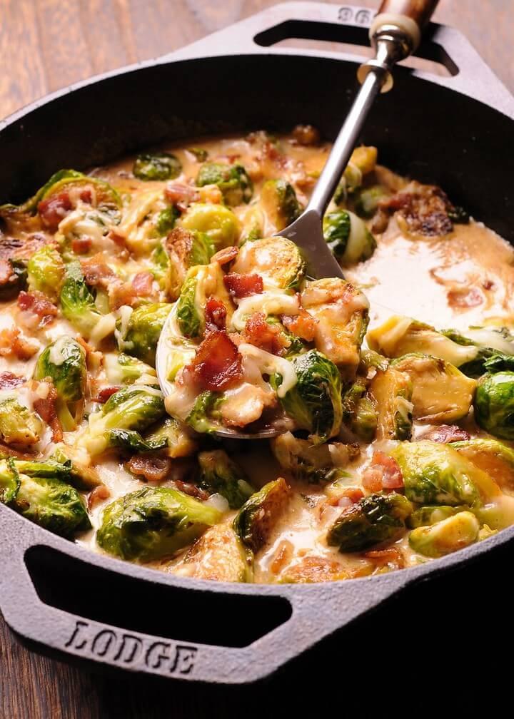 Creamy Brussels Sprouts with Bacon and Mozzarella