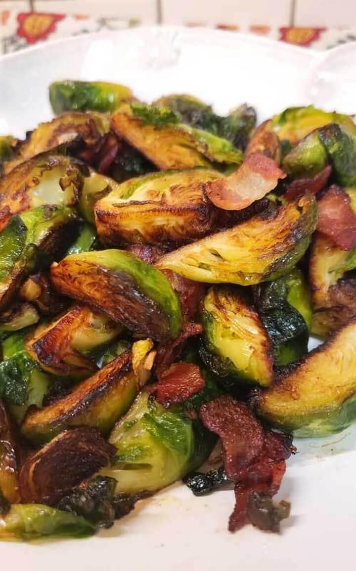Crispy Skillet Brussels Sprouts with Bacon Garlic Butter