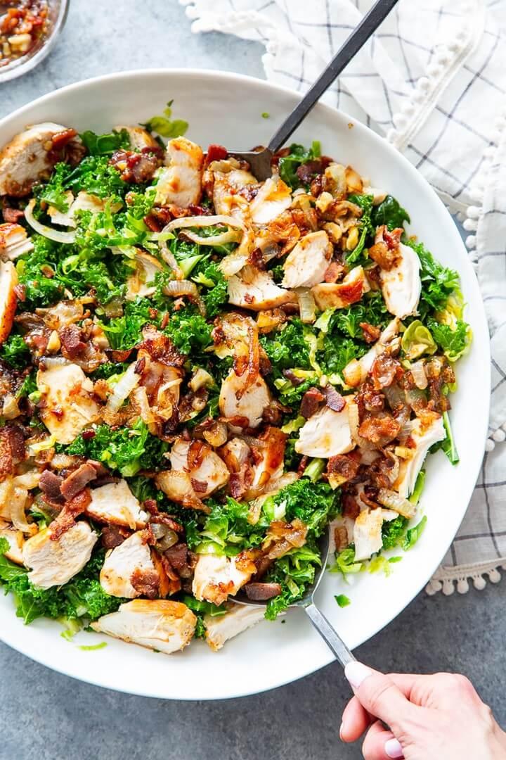 Kale Salad with Chicken Caramelized Onions and Hot Bacon Dressing