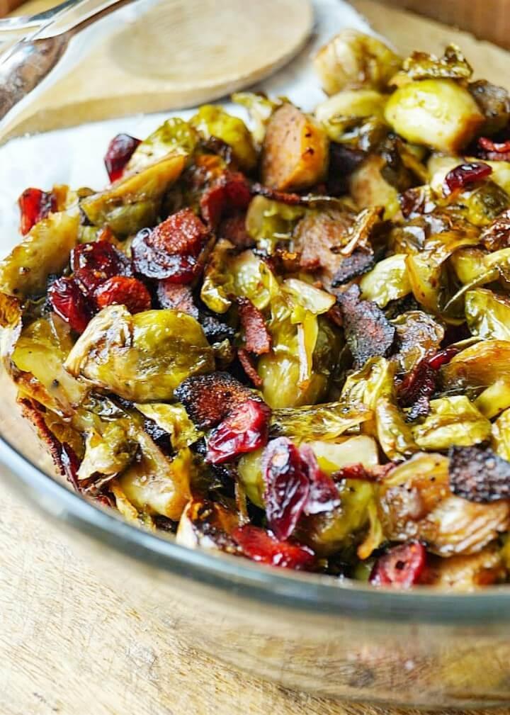 Maple Balsamic Roasted Brussel Sprouts with Bacon and Cranberries