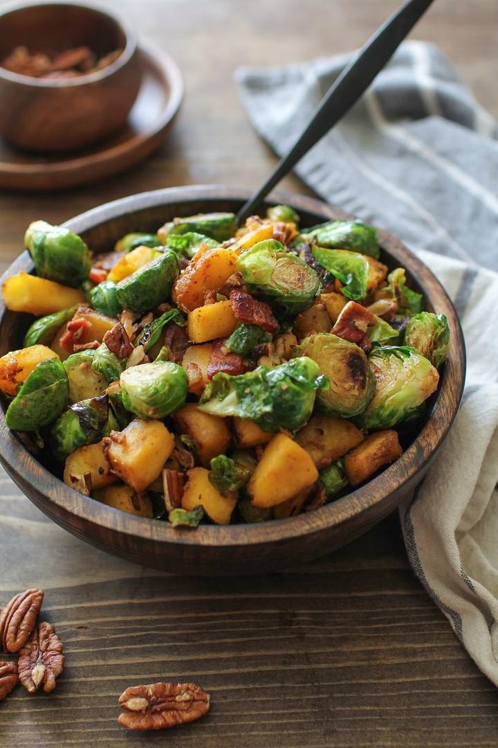 Maple Cinnamon Glazed Acorn Squash and Brussels Sprouts with Baco