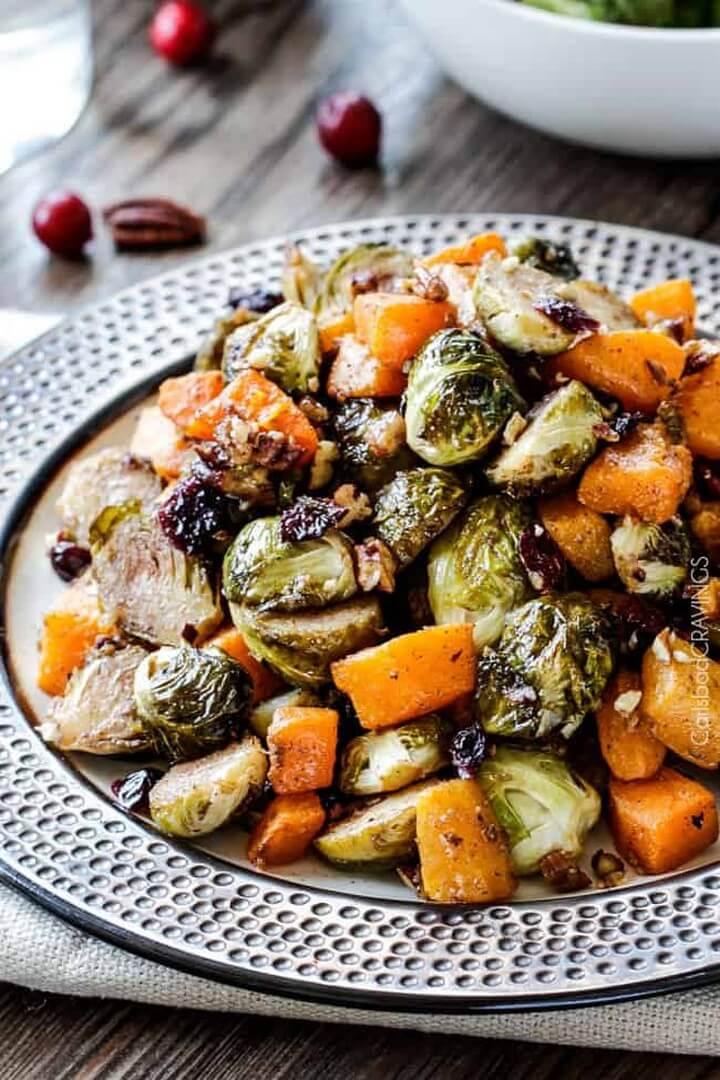Maple Dijon Roasted Brussels Sprouts and Butternut Squash with Cranberries and Bacon