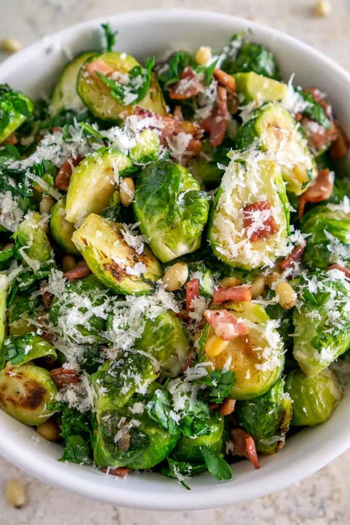 Pan Fried Brussels Sprouts with Turkey Bacon and Parmesan 1