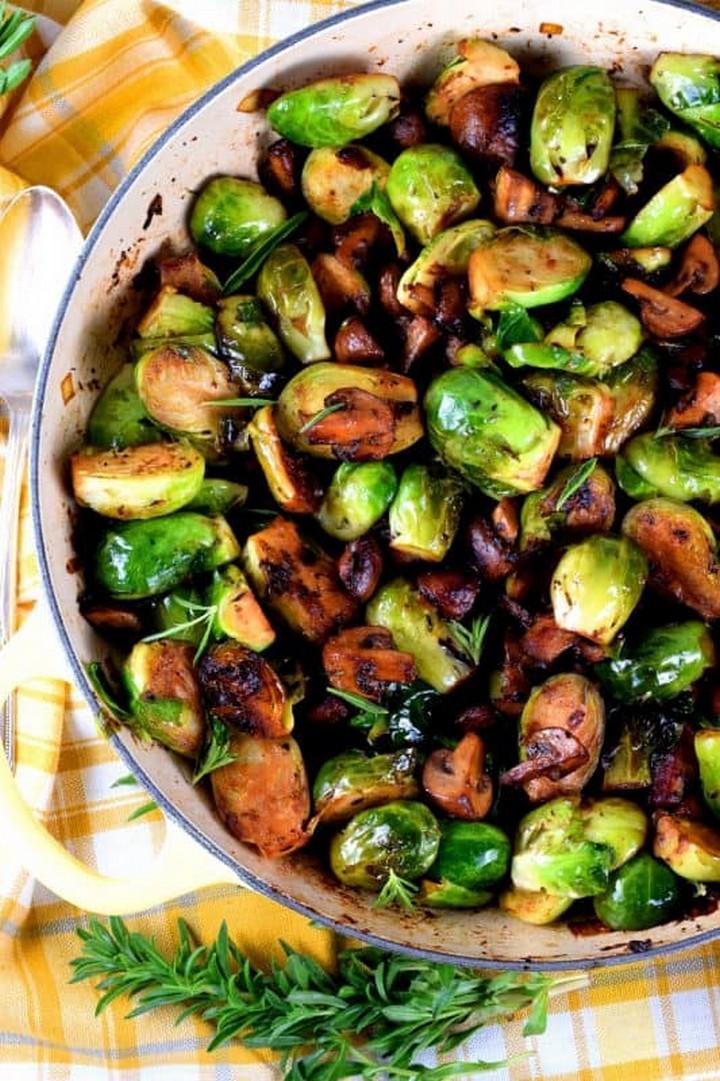 Pan Seared Brussels Sprouts and Mushrooms