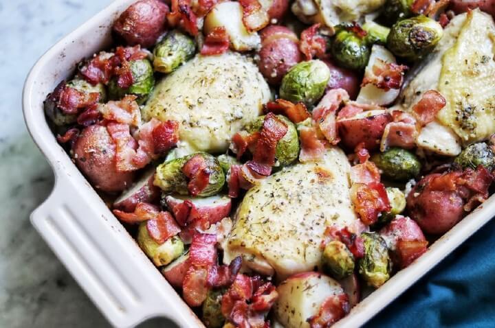 Ranch Baked Chicken Thighs with Bacon Brussels Sprouts and Potatoes
