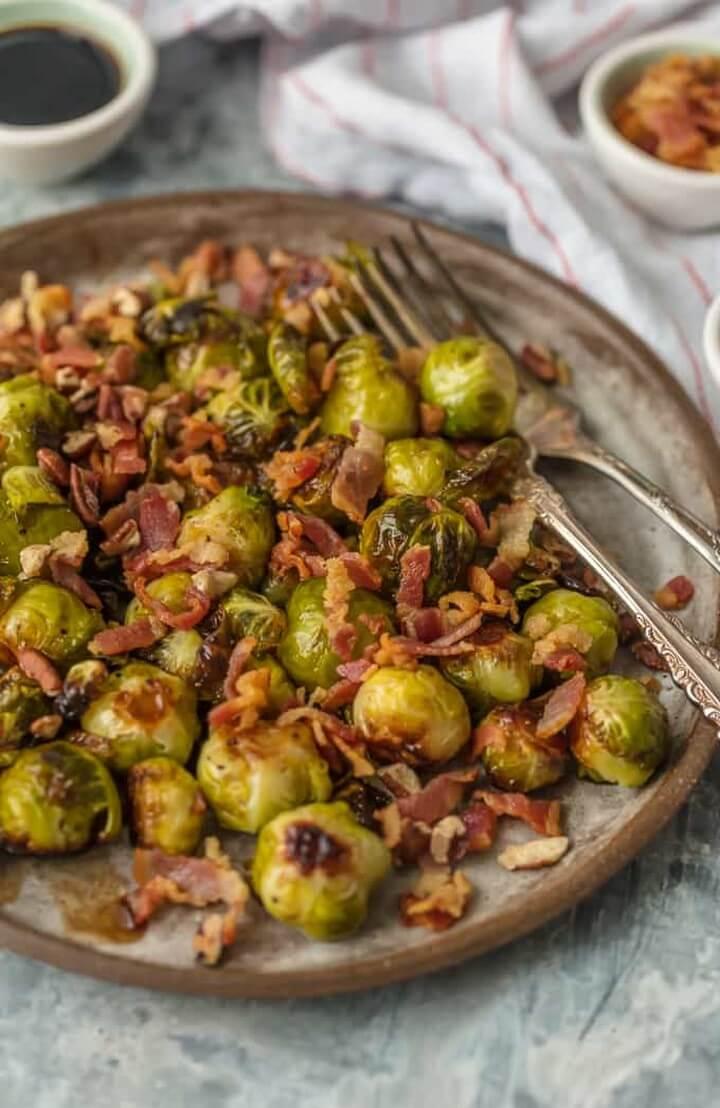 Roasted Balsamic Brussels Sprouts with Bacon and Pecans