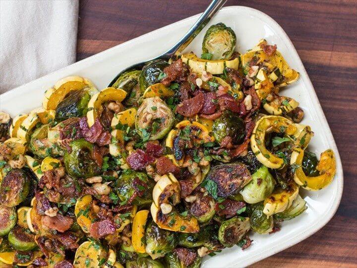 Roasted Brussels Sprouts and Squash with Crispy Bacon Dressing 1