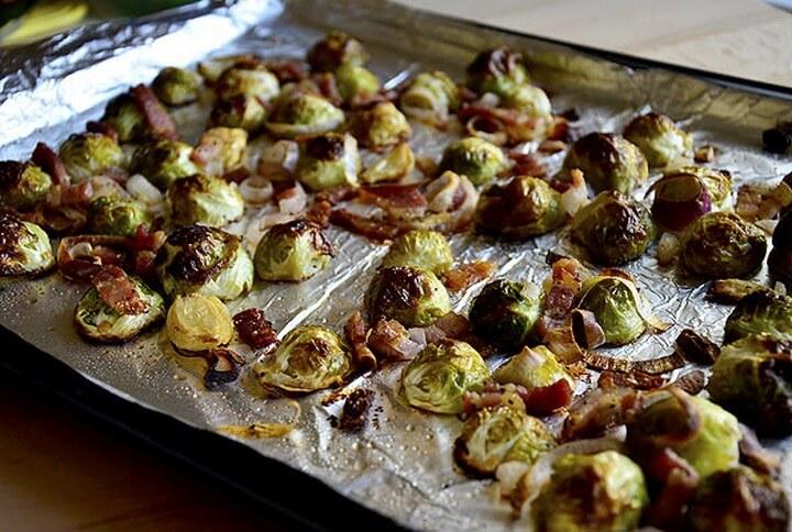 Roasted Brussels Sprouts with Bacon Shallots and Garlic