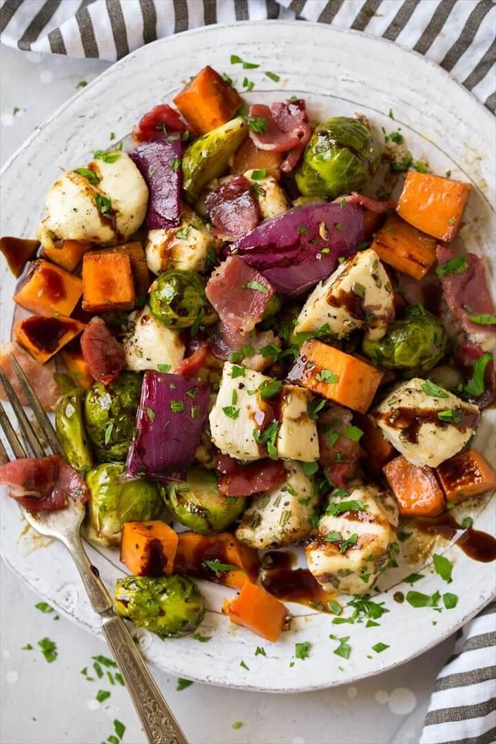 Sheet Pan Chicken Sweet Potatoes and Brussels Sprouts with Bacon and Balsamic Glaze 1