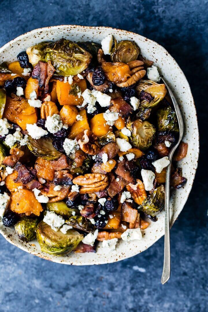 Spicy Maple Roasted Butternut Squash Brussels Sprouts