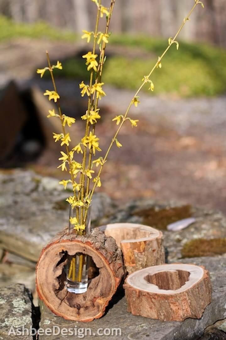 DIY Log Slice Vase with Spring Flowers