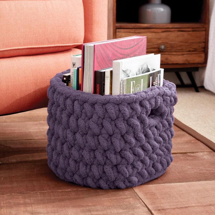 oval purple Handmade crochet basket for home décor and storage in textile wool