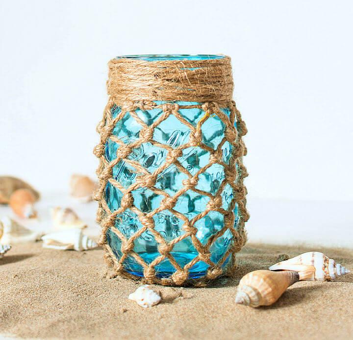 Fishnet Wrapped Blue Mason Jar Centerpiece